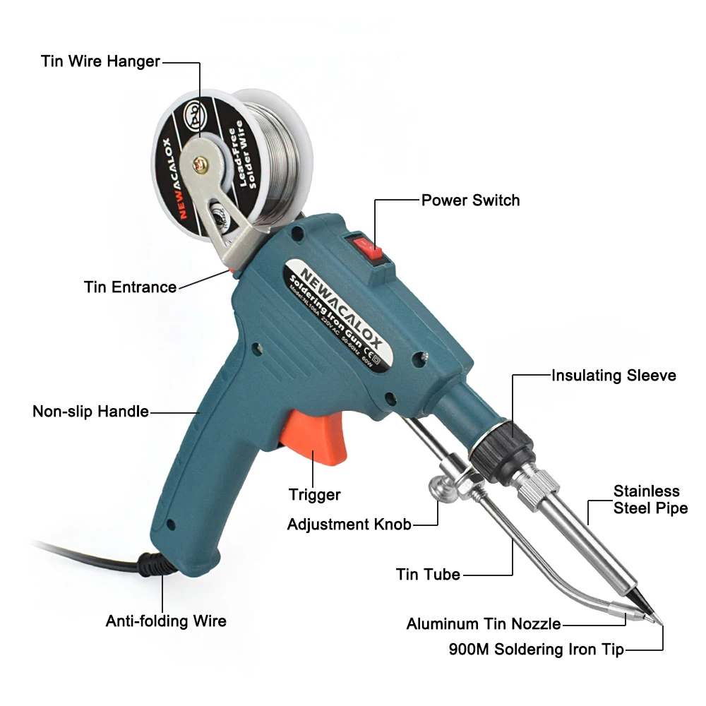 NEWACALOX Automatic Send Tin Electrical Soldering Iron Gun Welding Tool with Tin Wire Desoldering Pump EU 220V 60W Repair Tools