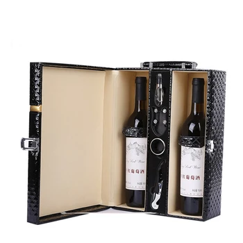 

High-grade Black Double Wine Box Leather Diamond Wine Gift Box Classic Wine Bags Wine Carrier Packing Boxes with Leather Tote