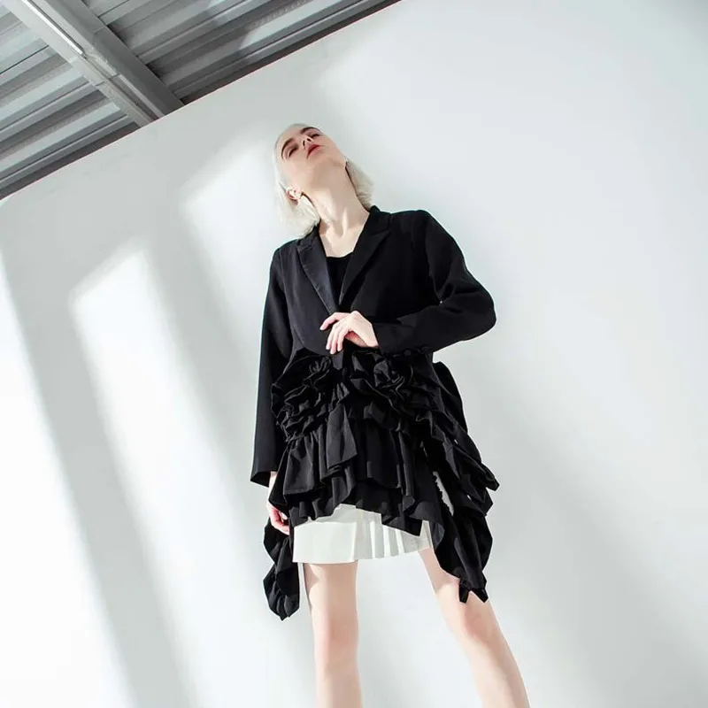 Finest  [EAM] 2020 New Autumn Winter Lapel Long Sleeve Black Ruffles Pleated Stitch Loose Irregular Jacket 