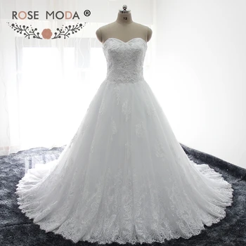 

Rose Moda Chantilly Lace Wedding Dress Strapless Beaded Wedding Dresses Plus Size Lace Up Back Ball Gown 2019