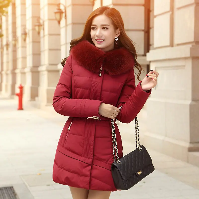 Зимняя куртка для женщин с капюшоном с меховым воротником, теплые парки Mujer, длинная хлопковая куртка с поясом, зимнее пальто для женщин, парки C5579 - Цвет: dark red