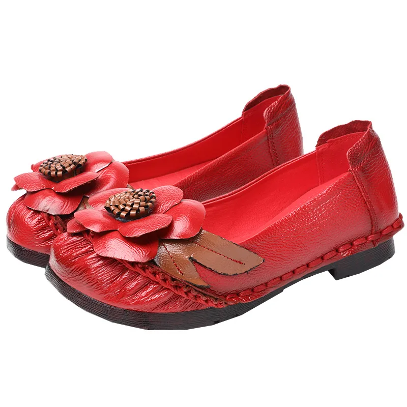 OUKAHUI/ г.; весенне-осенняя повседневная обувь из натуральной кожи в китайском стиле на плоской подошве; женская кожаная обувь ручной работы для вождения; мягкая Винтажная обувь на плоской подошве - Цвет: Red 586