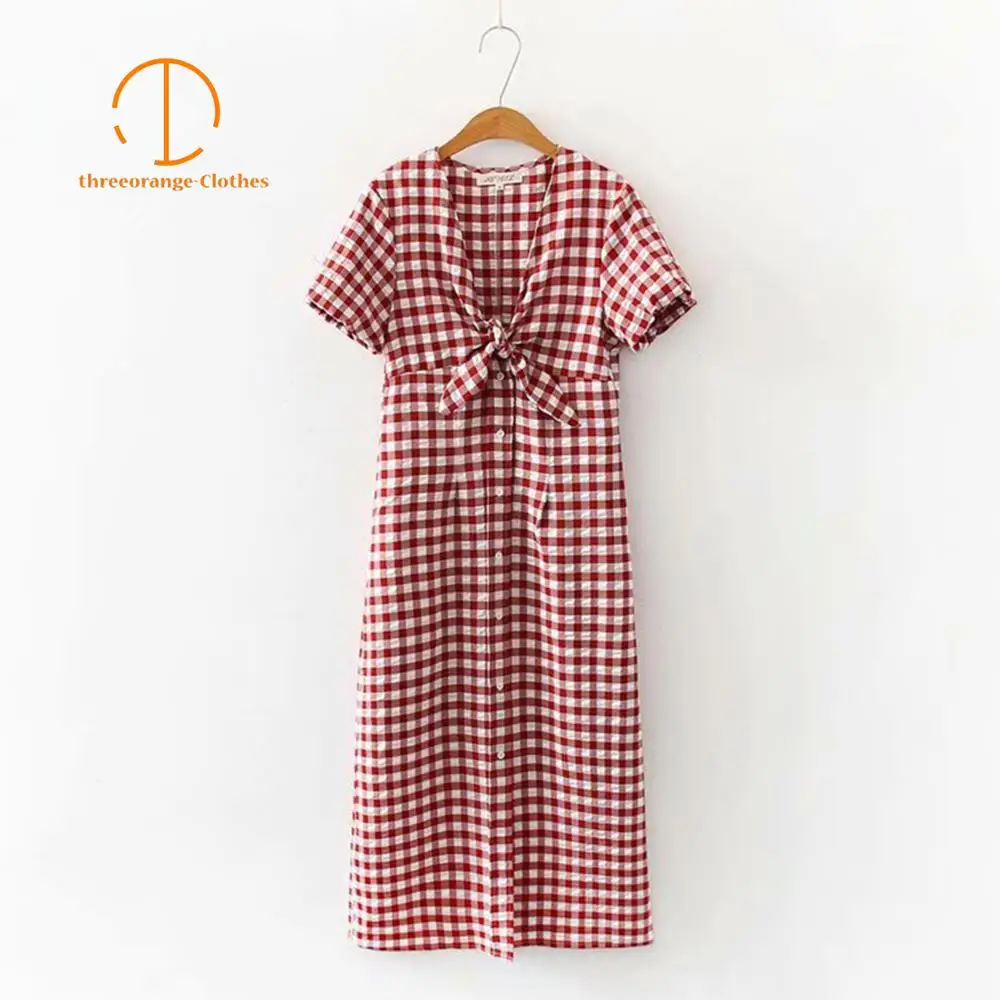 

New Summer red plaid dress women Sexy v neck bow knot tether front high slit short sleeves Fashion midi dresses vestidos