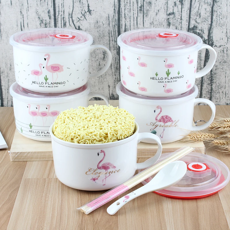 

Popular Ceramic Noodle Bowl Food Container Salad Fruit Large Capacity Rice Bowls With Lid Flamingo Pattern Dinnerware Bowl