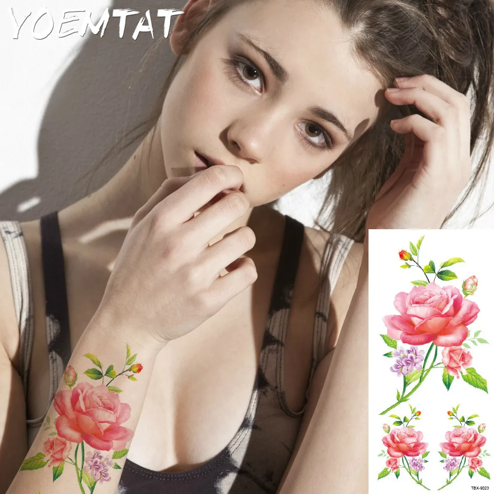 Pink rose cherry blossoms flowers arm shoulder tattoo stickers flash henna tattoo fake waterproof temporary tattoo sticker women