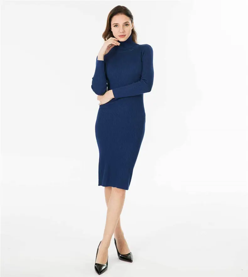 Women Dress 2019 Autumn Sweater Dress Cotton Rib Knit Slim Stretched Winter Turtleneck Sexy Lady Bodycon Robe Dresses Vestidos 16