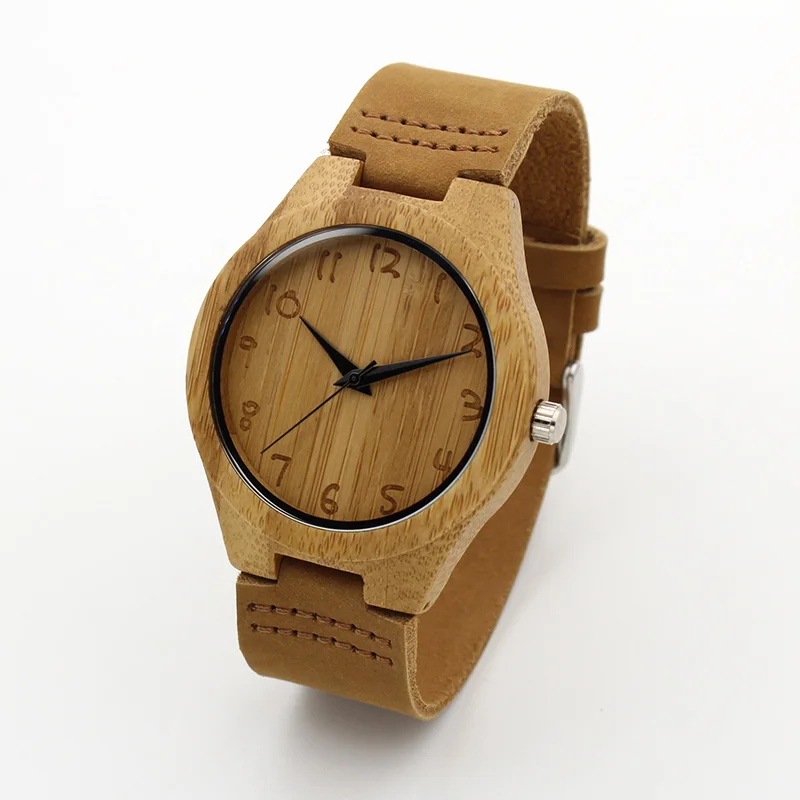 

Luxury Fashion Japan Quartz Men Wood Watch Arabic Big Number Vintage Genuine Leather Band Bamboo Wooden Wristwatches Antibrittle
