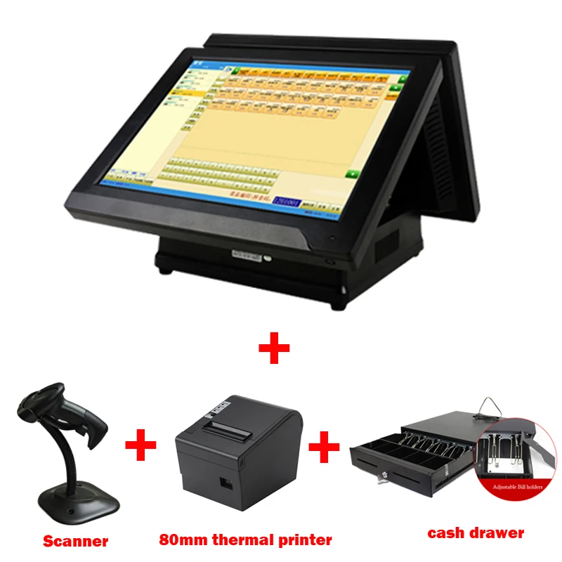 15 بوصة اللمس المزدوج شاشة الكل في واحد pos أنظمة تبيع مع درج للنقود/الباركود ماسحة و 80 مللي متر الحرارية طابعة 15 بوصة اللمس المزدوج شاشة الكل في واحد pos أنظمة تبيع مع درج للنقود/الباركود ماسحة و 80 مللي متر الحرارية طابعة
