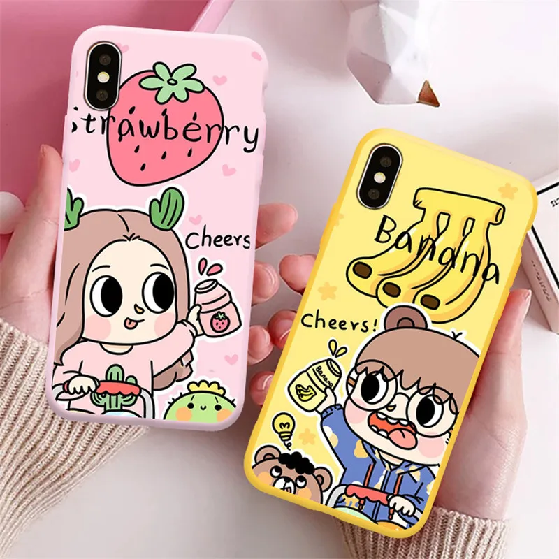 GYKZ Cartoon Strawberry Banana Milk Phone Case For iPhone X XS MAX XR 7 8 6 6s Plus Boy and Girl Soft Matte Back Cover Fruit Bag | Мобильные