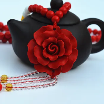 

High Quality Red Cinnabar Round Beads Sweater Chain Carved Rose Flower Pendant Necklace Gift for Women's Fashion Jewelry