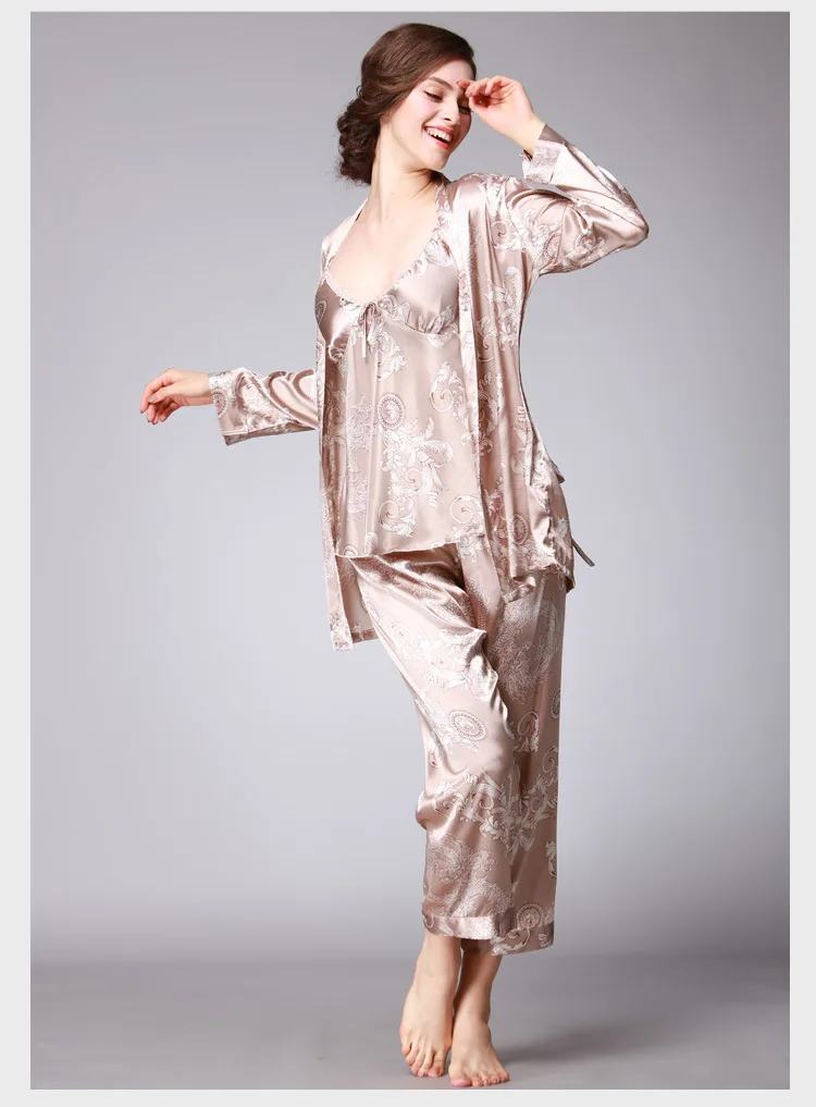 Плюс размер 3XL пижамы женские 3 шт пижамные наборы атласная шелковая Домашняя одежда с цветочным принтом пижама ночное белье