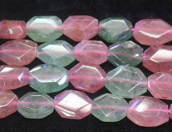 

Natural Faceted Geometric Polygon Shaped Strawberry Crystal Quartz Nugget Beads,15 inches per strand