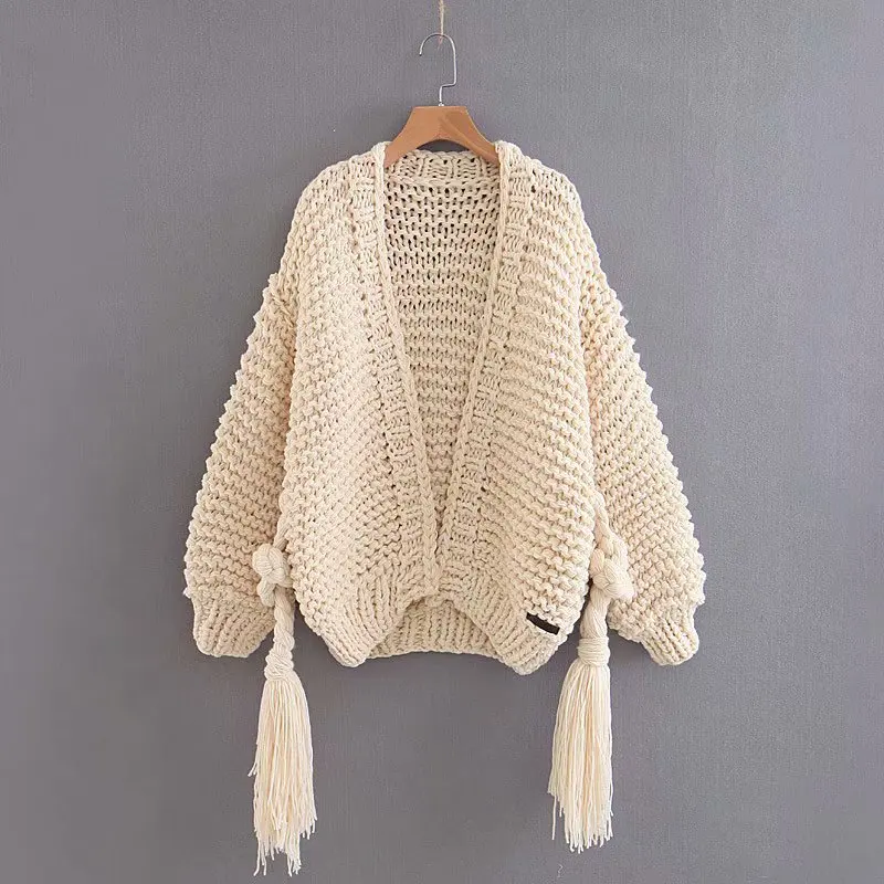 Осень-зима, толстый женский свитер с пышными рукавами, текстурированный вязаный кардиган с поясом, ручной вязки, женский кардиган - Цвет: beige