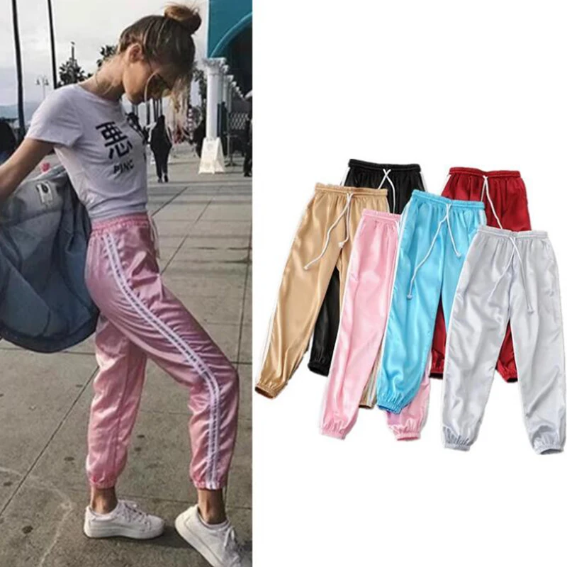 

2019 Spring Summer Women Satin Leisure Pants Casual Multicolor Retro White Striped Side Closed Comfy Sweatpants Female T42305
