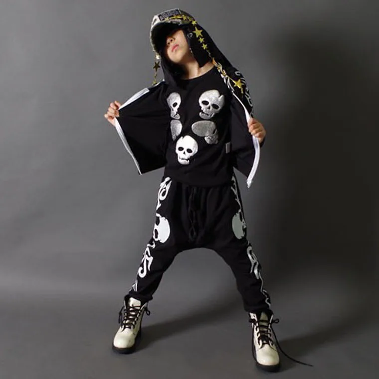 

Spring Autumn children's clothing set black skeleton Print Costumes kids sport suits patchwork Hip Hop dance pant & sweatshirt