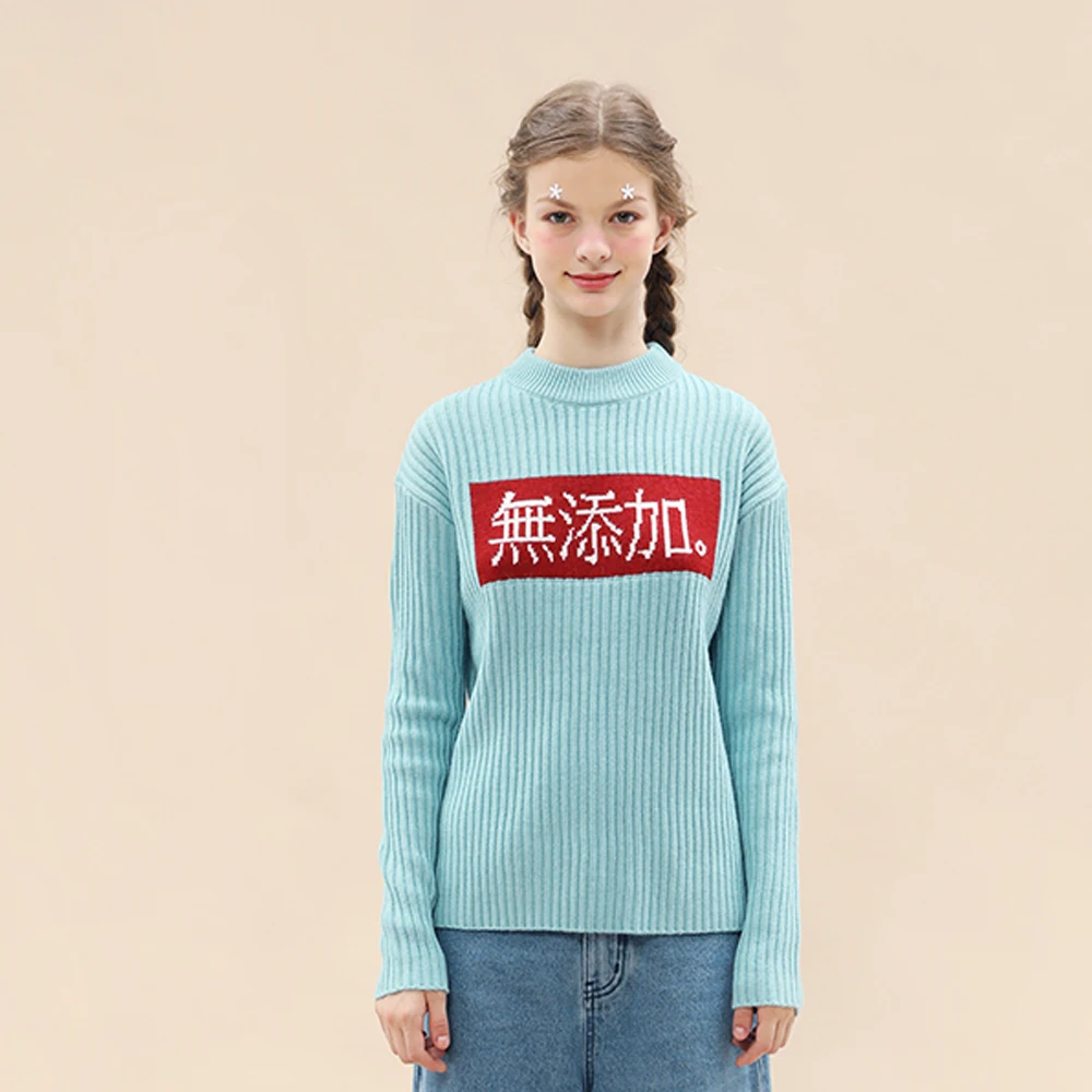 

Spring New 2018 Knitwear Female Text Jacquard Ladies Crew Collar Pullover Sweater Blue Women High-quality Autumn Pullovers Tops