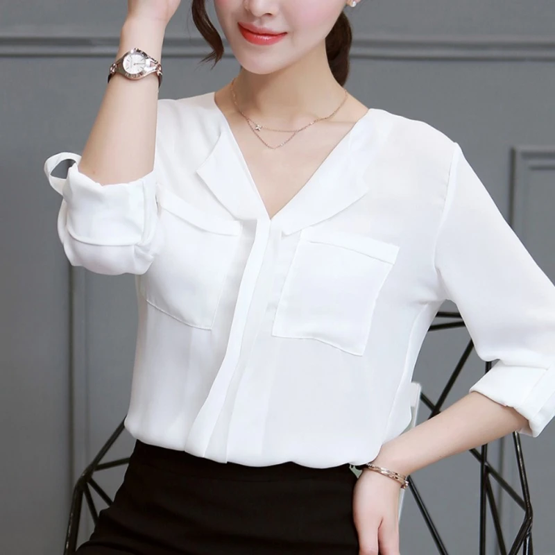 

2019 New Women White Shirts Summer Casual Long Sleeve Chiffon Blouse V-neck Women Tops and Blouses Office Lady Blouse Clothes