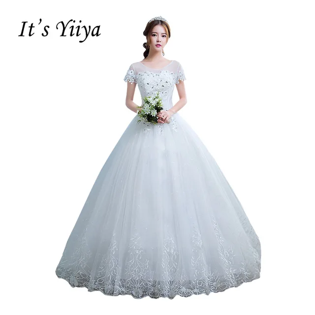Free Shipping White Wedding Ball Gowns Flowers Short Sleeves Cheap