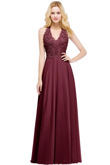 Misshow вечернее платье бордовое шифоновое длинное вечернее платье жемчужное сексуальное с v-образным вырезом без рукавов robe de soiree - Цвет: burgundy