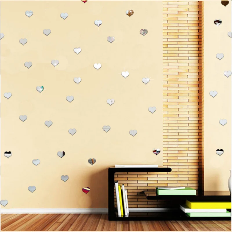 100 piezas de pegatinas de pared acrílicas espejo en forma de corazón espejo decorativo de alta calidad accesorios de decoración de pared de plástico para el hogar