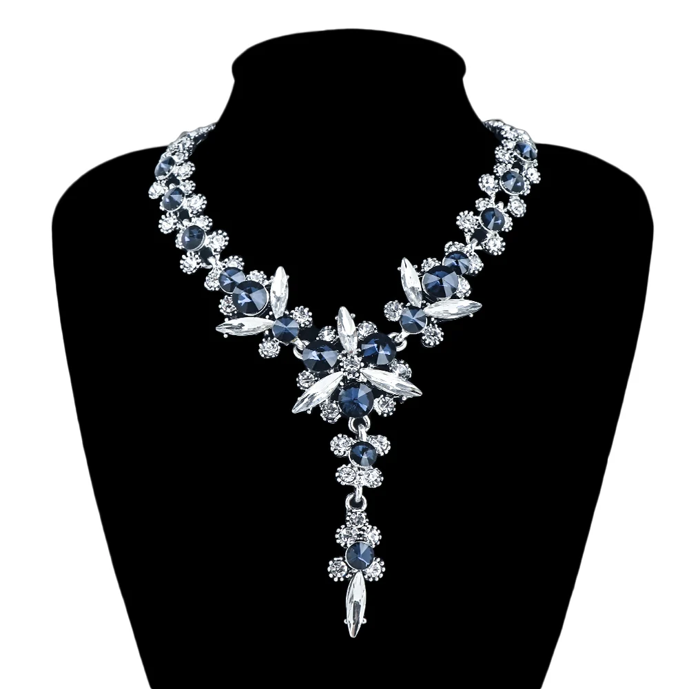 Luxury Navy Blue White Necklace Fashion Shiny Crystal Glass Flowers Maxi Statement Gift For Women Wedding Jewelry | Украшения и
