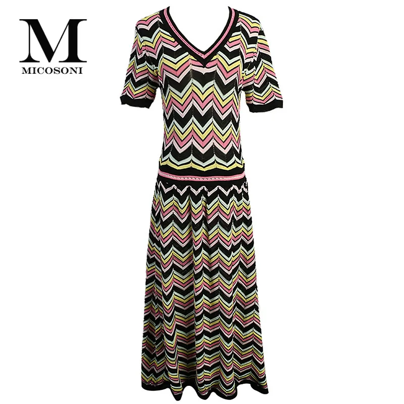

Micosoni 2019 Summer New Italianism Short-sleeved V-neck Bright Color Stripes Long Hollow Thin Knitted Women's Sweater Dress S-L