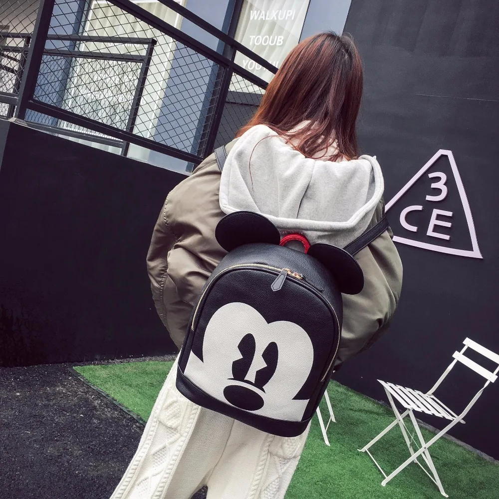 Fashion mickey woman backpack pu leather black backpack mini travel backpack animal printed rucksack mochilas feminina