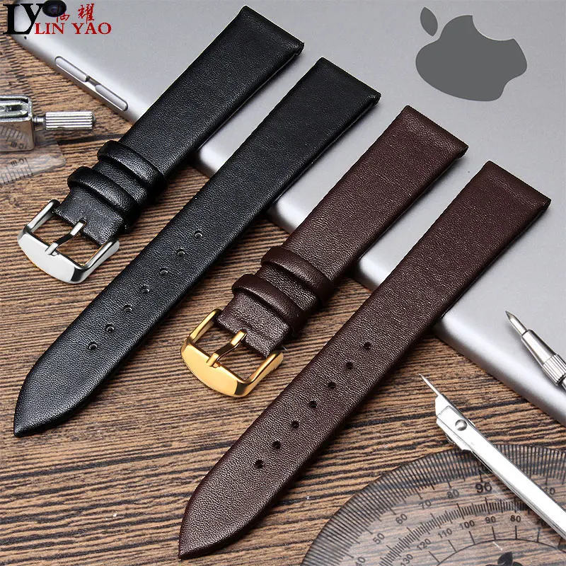 

Real Leather Watch band Smooth Women's Watch Band 12mm 20mm Men's Black Brown Genuine Leather Straps Belt Metal Pin Buckle.