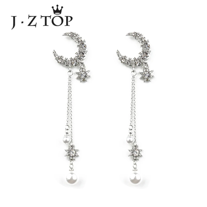 JZTOP, серьги-гвоздики со звездами и луной, имитация жемчуга, длинные серьги с кисточками для женщин, роскошные стразы, ювелирные изделия