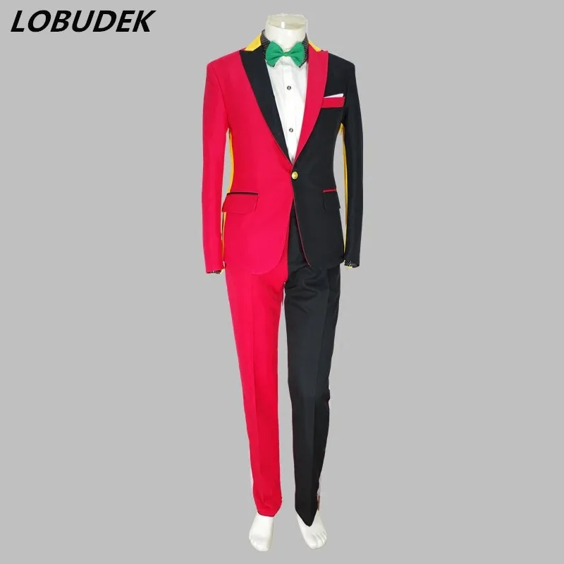 

Irregular Red Black Men Suits Magician Clown Performance Stage Outfits Nightclub Male Singer Host Blazers Pants Hip-Hop Costumes