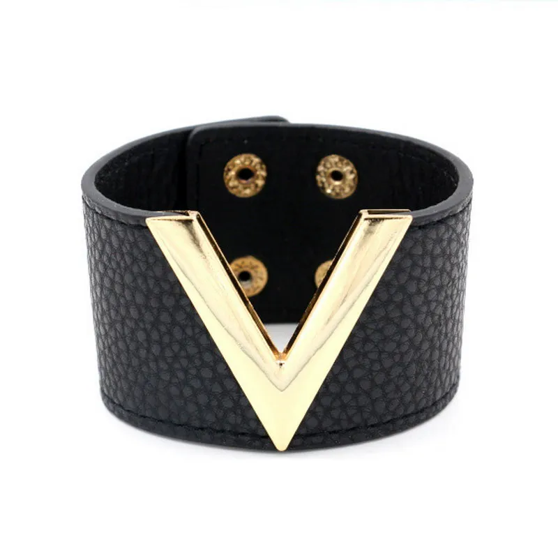 Ручная бижутерия большой кожаный браслет простой Универсальный MS OL V слово широкий кожаный браслет для женщин V кожаный регулируемый браслет - Окраска металла: Black