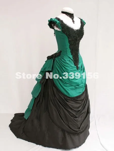 Абсолютно новое зеленое и черное атласное с v-образным вырезом викторианское бальное платье 19 век викторианское женское платье с бантом