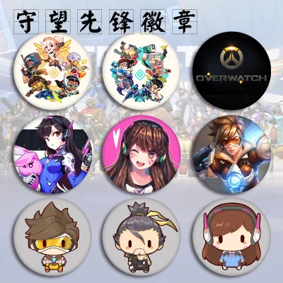 

12 Types FPS Game OW D.va Hanzo Mei Tracer Reaper Figure Model Brooch Pins Broches Round Tinplate Badge For Bag Lapel Fans Gift