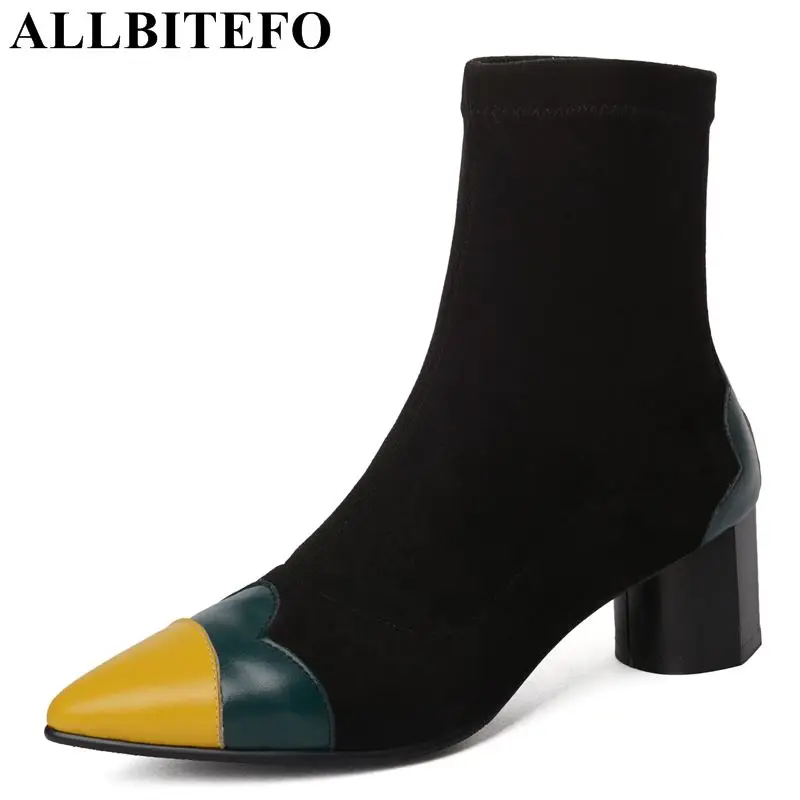 

ALLBITEFO fashion brand genuine leather +flock thick heel women boots winter snow warm ladies boots high heels ankle boots women
