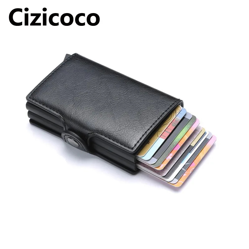 

Cizicoco Fashion Metal Credit Card Holder RFID Blocking Aluminium Box Business ID Card holder Hasp PU Leather Mini Card Wallet