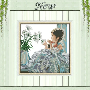 

The girl with flowers vase painting counted printed on canvas DMC 14CT 11CT chinese Cross Stitch Needlework Sets Embroidery kits