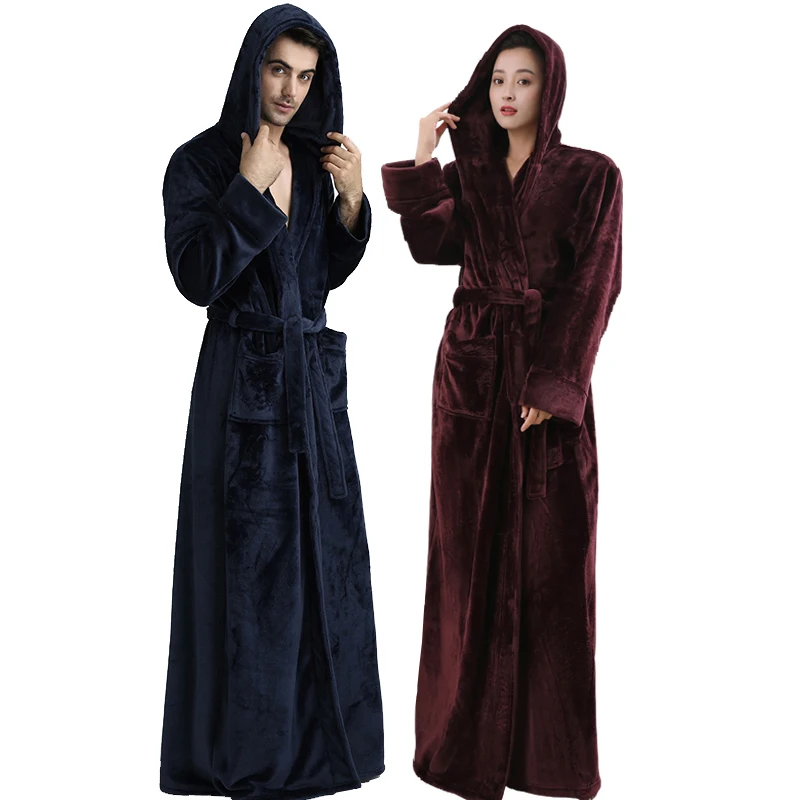Billig Liebhaber Mit Kapuze Extra Lange Thermische Bademantel Frauen Männer Plus Größe Winter Verdickung Warmes Bad Robe Dressing Kleid Brautjungfer Roben