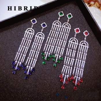 

HIBRIDE European Style Red Blue Green Water Drop Cubic Zircon Women Bridal Long Tassel Earring Brincos Bijoux For Gifts E-517