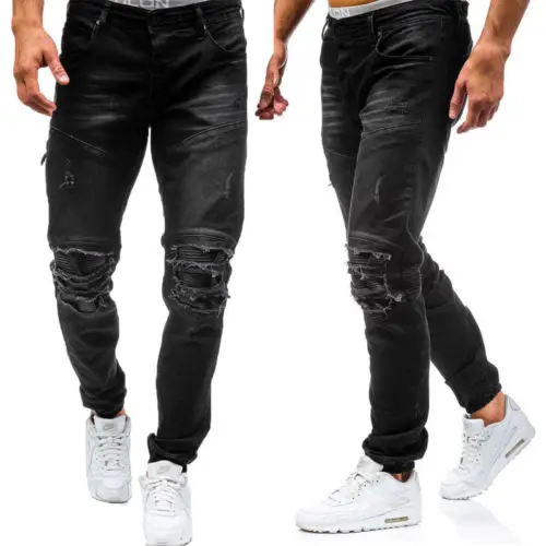 Повседневное Для мужчин; рваные узкие Байкер уничтожены Изношенные Slim Fit Denim отверстие полной длины и пуговицы Джинсы для женщин