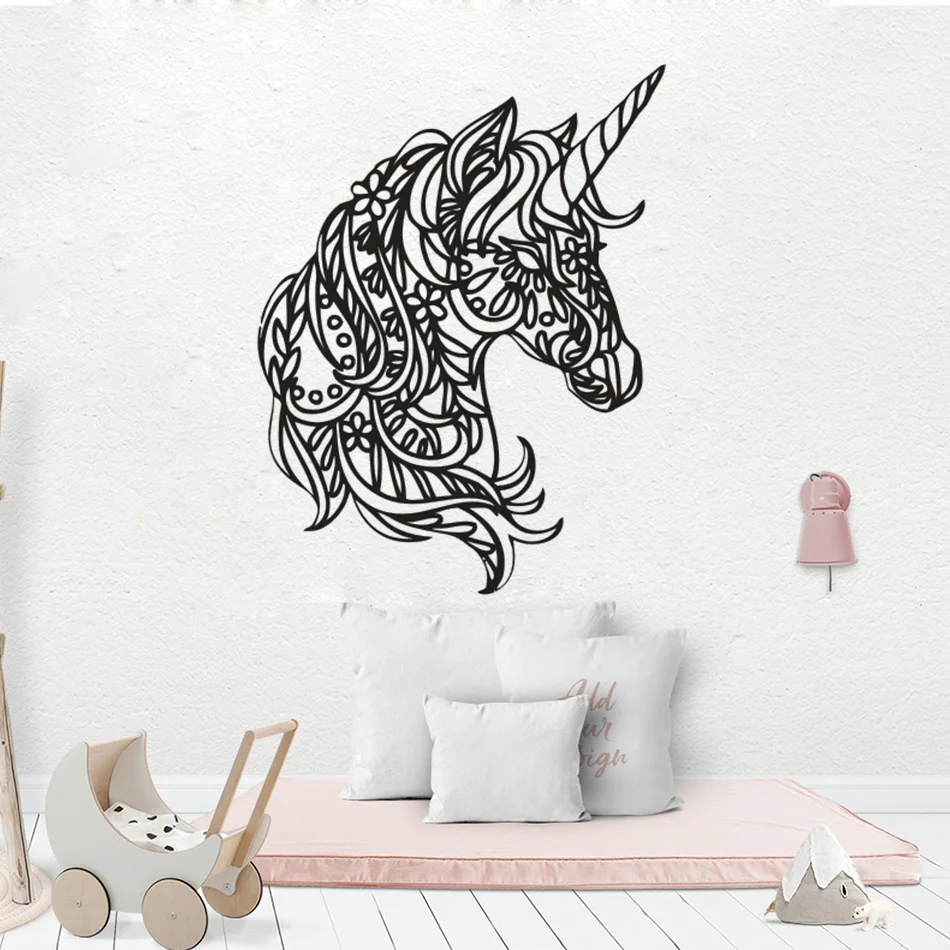 

Vinyl Wall Decal Unicorn Head Kids Room Wall Sticker Mandala Style Flower Unicorn Vinyl Wall Poster Cute Kids Room Décor AZ811