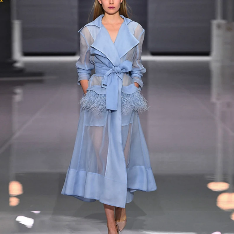 

Vintage Runway Summer Dress Women Sashes Patchwork Ostrich Feathers Blue Dress Two Pieces Set Quality Office Lady Dresses 2019