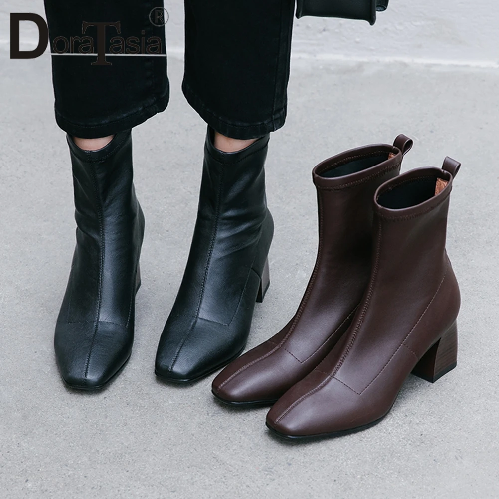 

DORATASIA New Fashion Ankle Boots Shoes Woman Black Brown Spring Autumn 2019 Square High Heels Ankle Boots women's Shoes Woman