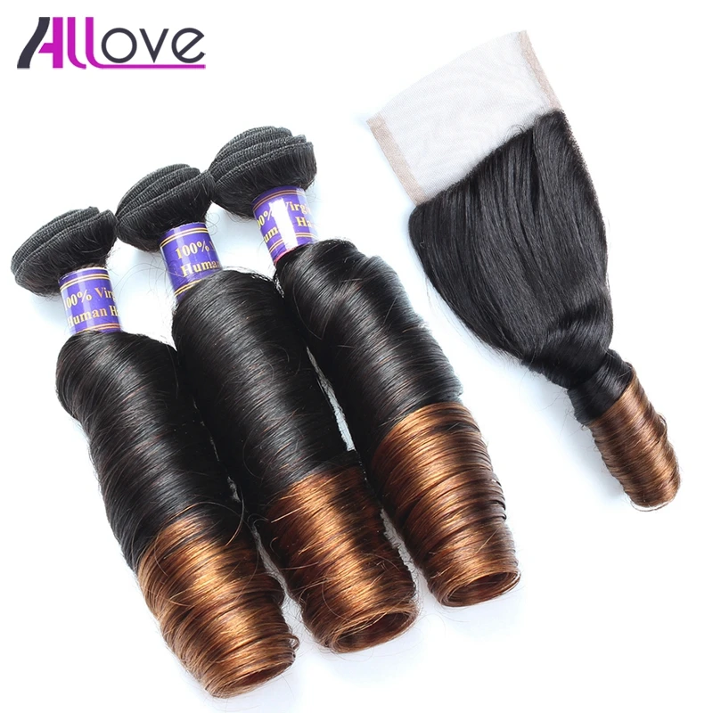 

Allove Ombre Hair Weave 3 Bundles With Closure Peruvian Hair Spring Curly 1B/4# Remy Human Hair Weave Bundles Free Shipping