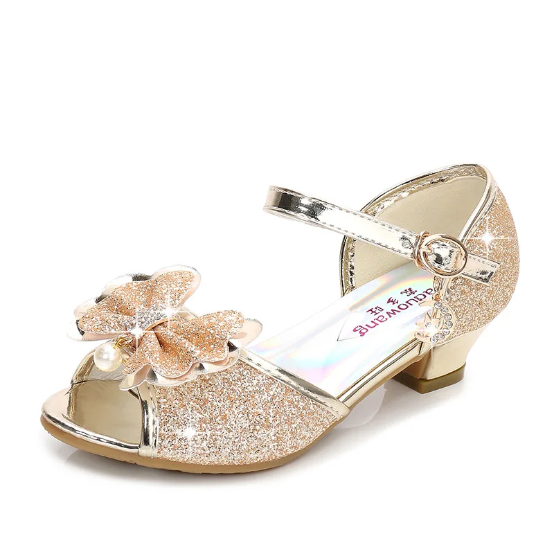 Летние сандалии для девочек с открытым носком на высоком каблуке; детская Праздничная обувь; модная обувь принцессы с бантом-бабочкой; детские сандалии с блестками; CSH811 - Цвет: Золотой