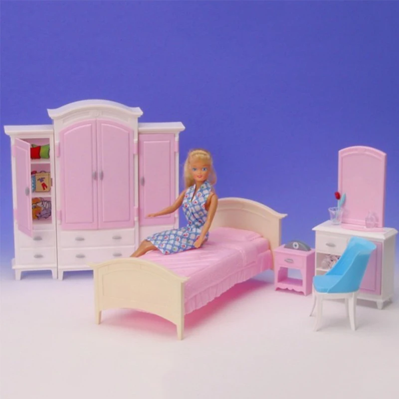 Мебель для Барби, миниатюрная спальня, игровой набор с большой кроватью, шкаф, комод, 1/6, аксессуары для кукол, подарок для девочки