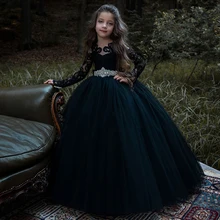 Новое поступление; Бальные платья с длинными рукавами и цветочным узором для девочек; элегантные платья для причастия с открытой спиной и поясом из бисера для девочек на свадьбу