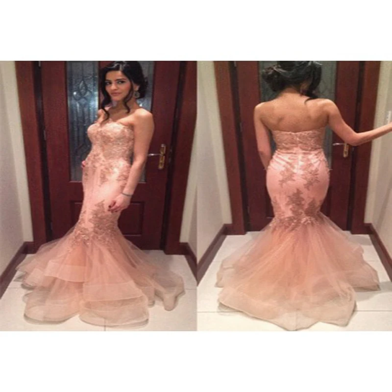 

2017 New Listing Sweetheart Long Prom Dresses Pink Tulle Prom Gowns Custom-Made Mermaid Prom Evening Gowns