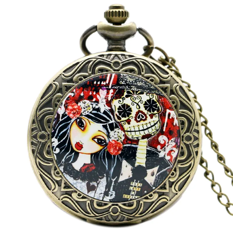 YISUYA Corpse Bride Skull Quartz Pocket Watch Antique Bronze Steampunk