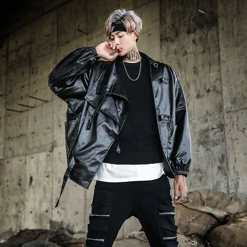 Raglan Sleeve Loose Punk Leather Jacket For Men Black Men Faux Leather