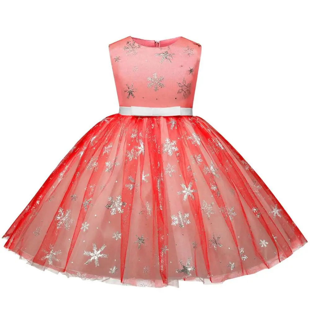 Новая модная детская одежда для маленьких девочек детское платье с круглым вырезом и принтом снежинок, без рукавов, с бантом на талии